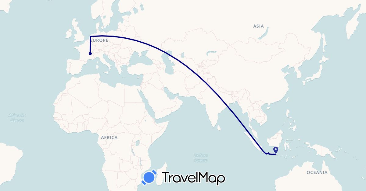 TravelMap itinerary: driving in France, Indonesia, Netherlands (Asia, Europe)